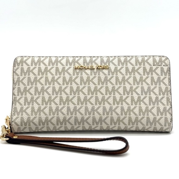 Michael Kors Large Continental Wallet Wristlet Vanilla/Brown - Picture 1 of 9